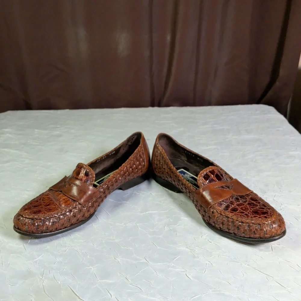 Bragano Italy Cole Haan Penny Loafers Mens Size 8.5D Brown Woven Leather Shoes